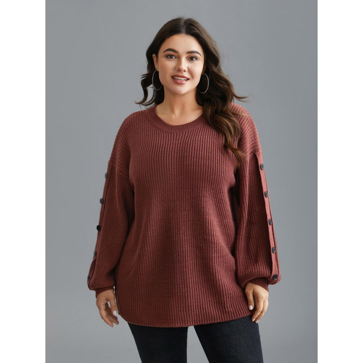 Plus Size Textured Drop Shoulder Button Detailing Pullover Russet Women Casual Loose Long Sleeve Round Neck Everyday Pullovers BloomChic 26/4X Product Image