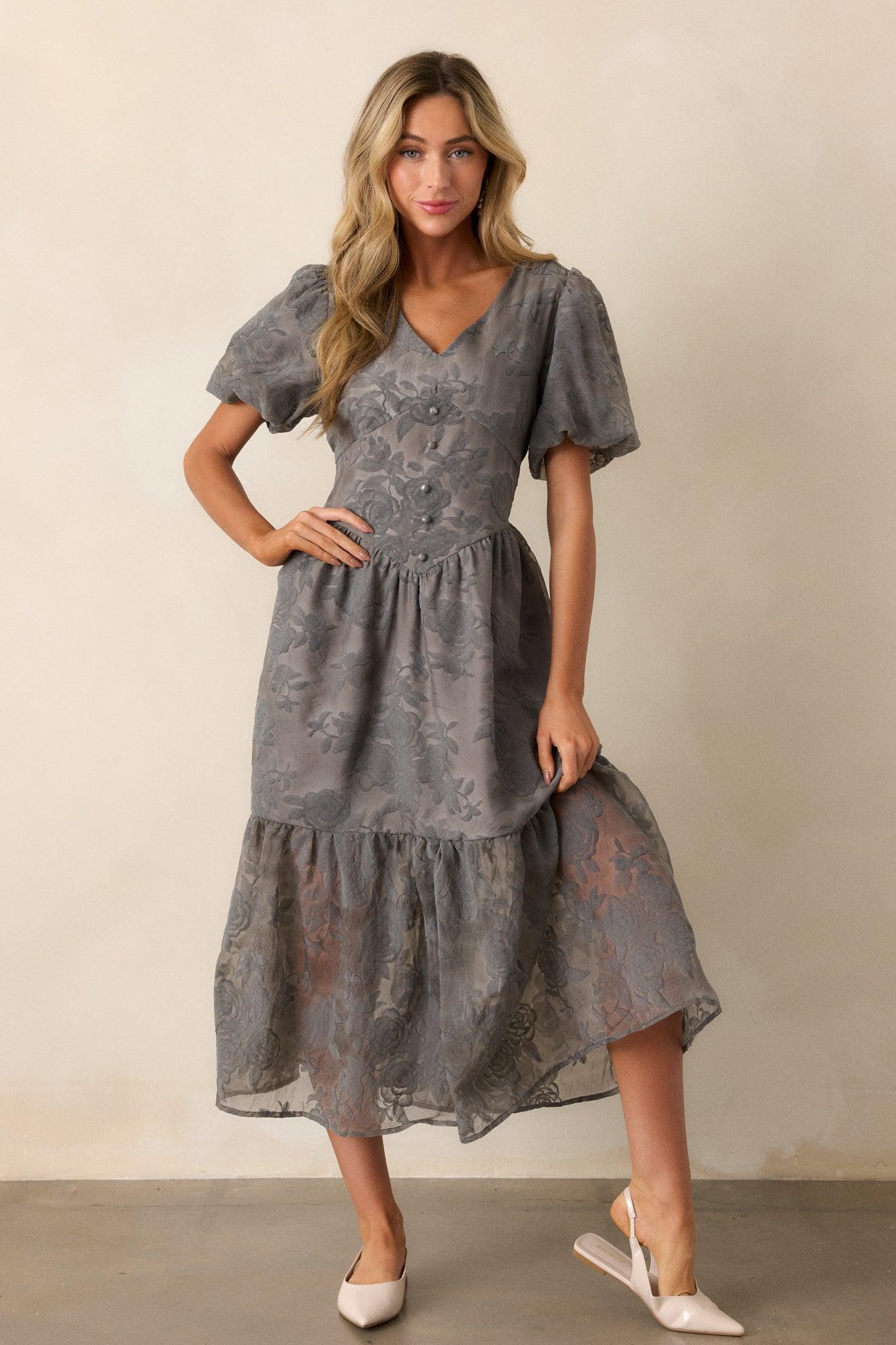 Faded Blossoms Grey Floral Puff Sleeve Midi Dress Product Image