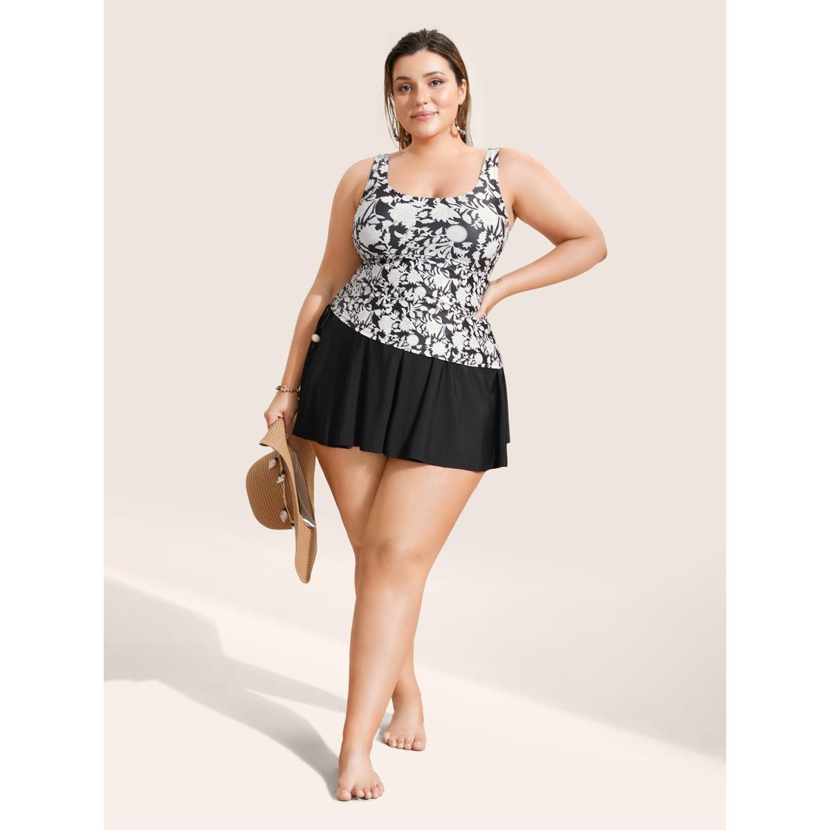 Plus Size Natural Flowers Tie Knot Drawstring Swim Dress Women's Swimwear Black Beach Bodycon U-neck High stretch Curve Swim Dresses BloomChic 18-20/2X Product Image