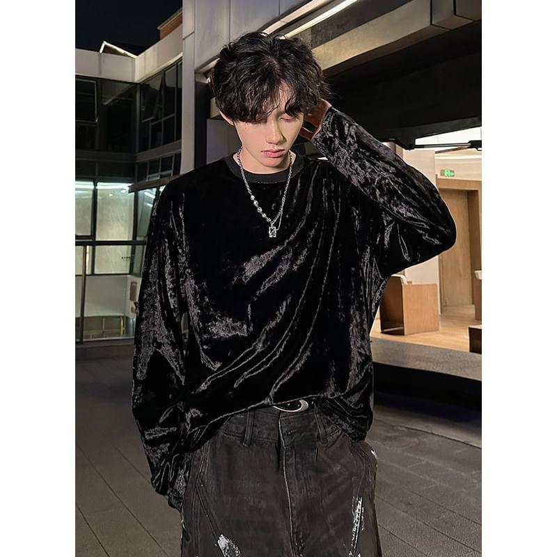Long Sleeve Crew Neck Plain Velvet Top Product Image