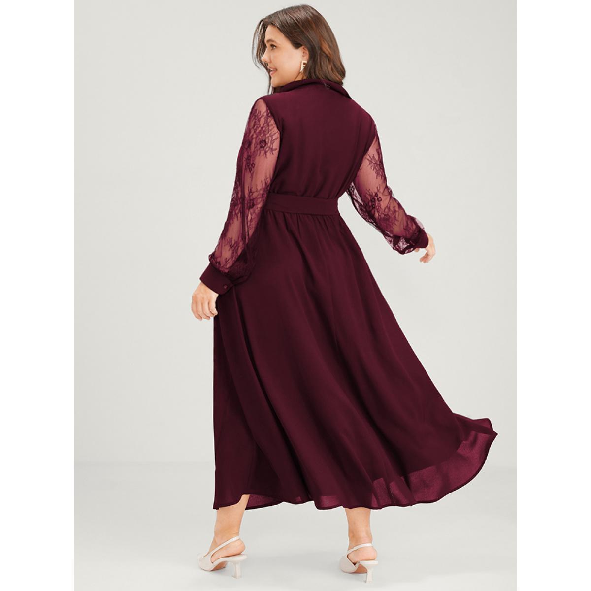 Plus Size Solid Lace Lantern Sleeve Button Lapel Collar Belted Maxi Dress Burgundy Women Elegant Cross straps Lapel Collar Long Sleeve Curvy Long Dress BloomChic 28/5X Product Image