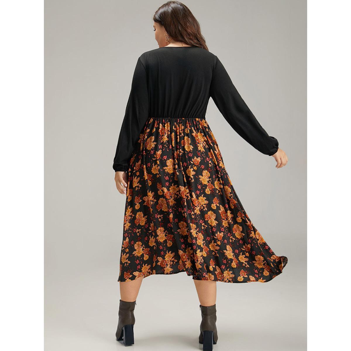 Plus Size Supersoft Essentials Floral Patchwork Twist Front Dress Black Women Elegant Elastic cuffs V-neck Long Sleeve Curvy Midi Dress BloomChic 14-16/1X Product Image
