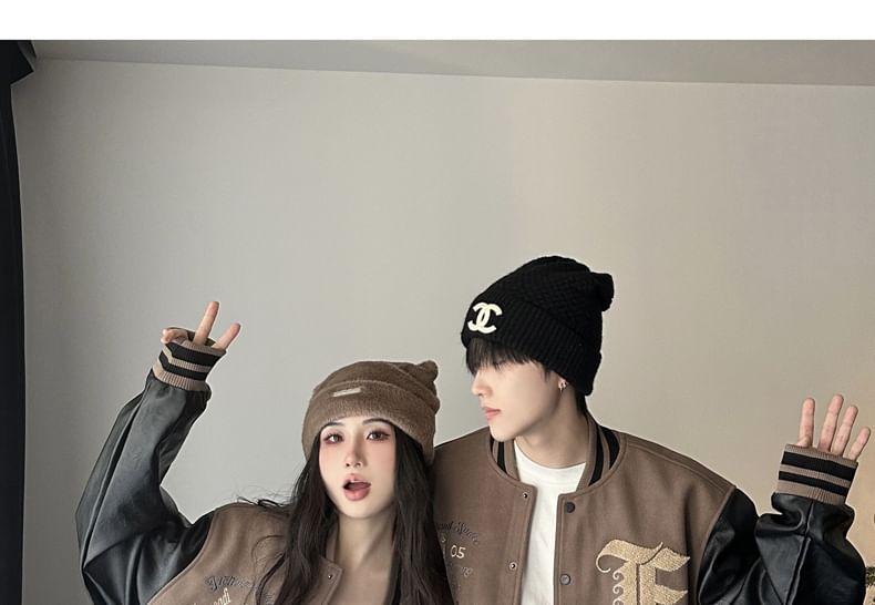 Couple Matching Letter Embroidered Faux Leather Panel Single-Breasted Baseball Jacket Product Image