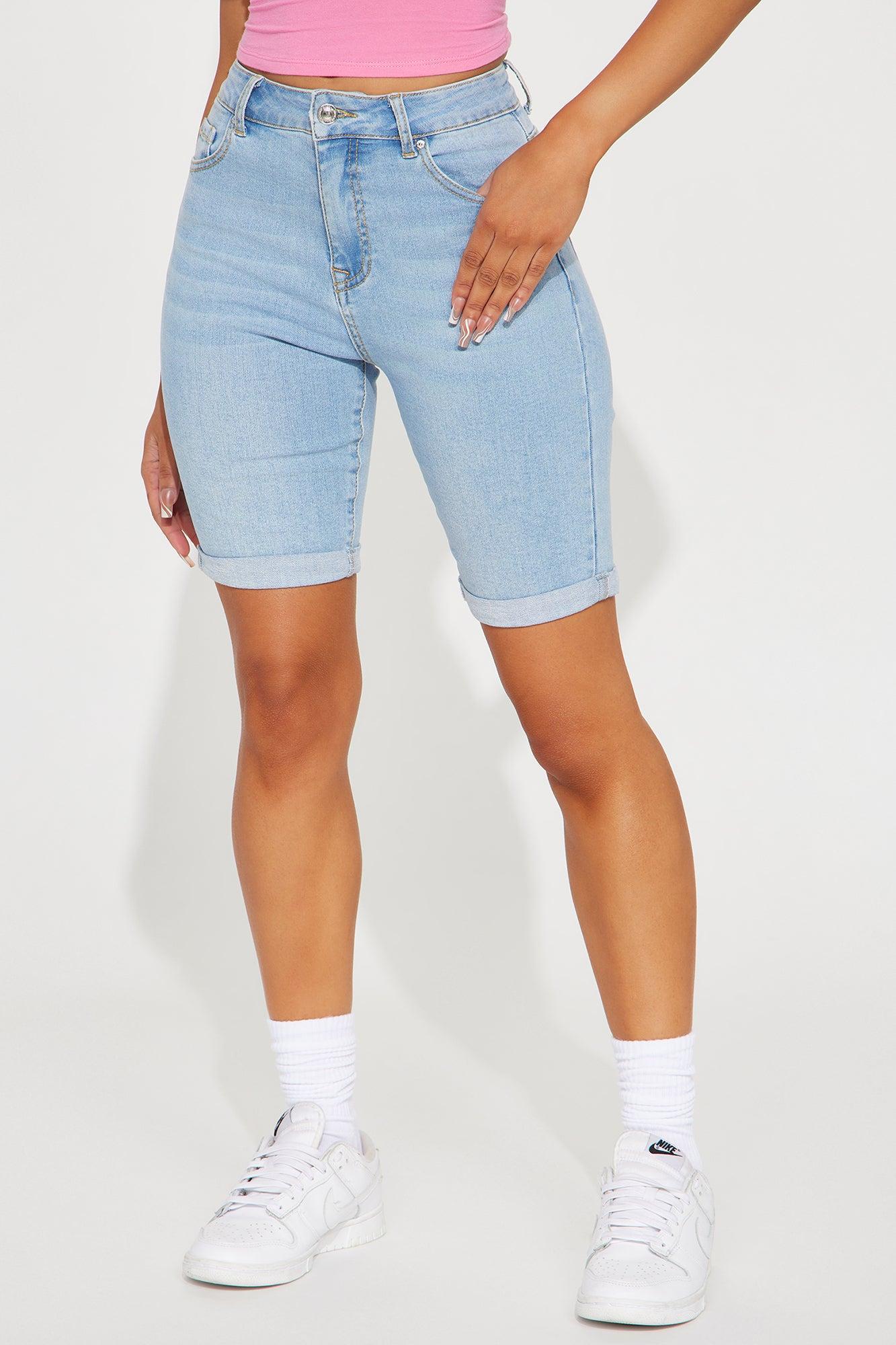 Putting In The Work Stretch Bermuda Denim Shorts - Light Wash Product Image