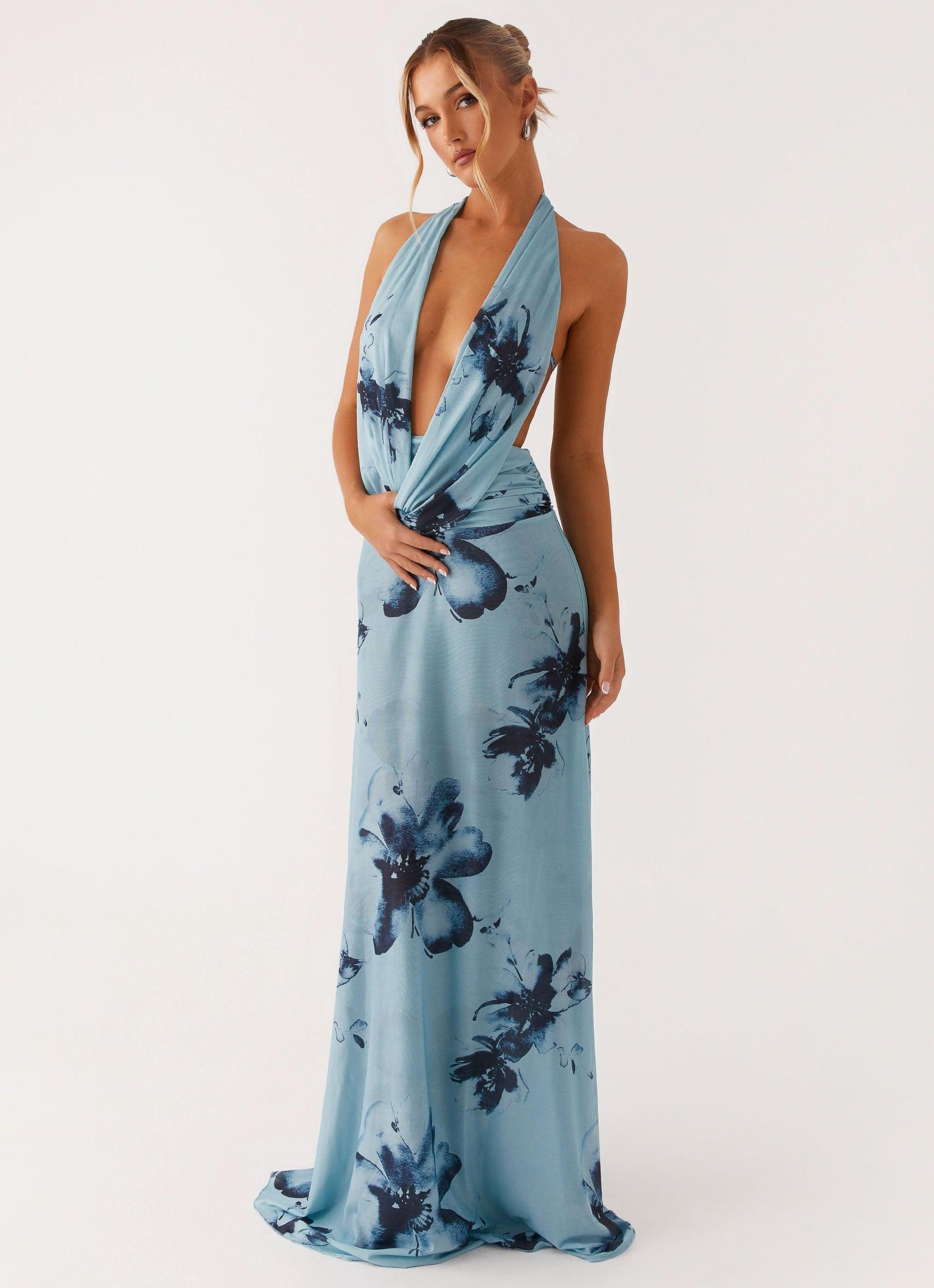 Elysia Mesh Maxi Dress - Blue Black Floral Product Image