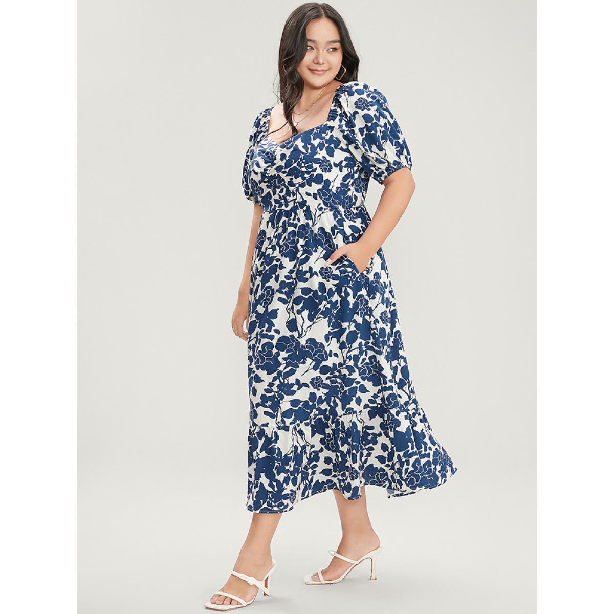 Plus Size Floral Print Pocket Puff Sleeve Ruched Pocket Ruffle Hem Dress DarkBlue Women Elegant Pocket V-neck Short sleeve Curvy Midi Dress BloomChic 10/M Product Image