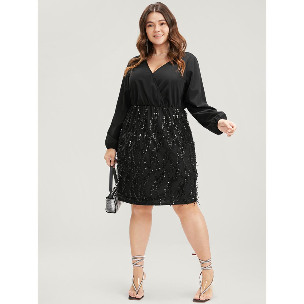 Plus Size Solid Patchwork Wrap Sequin Tassel Detail Dress Black Women Party Patchwork V-neck Long Sleeve Curvy Knee Dress BloomChic 12/L Product Image