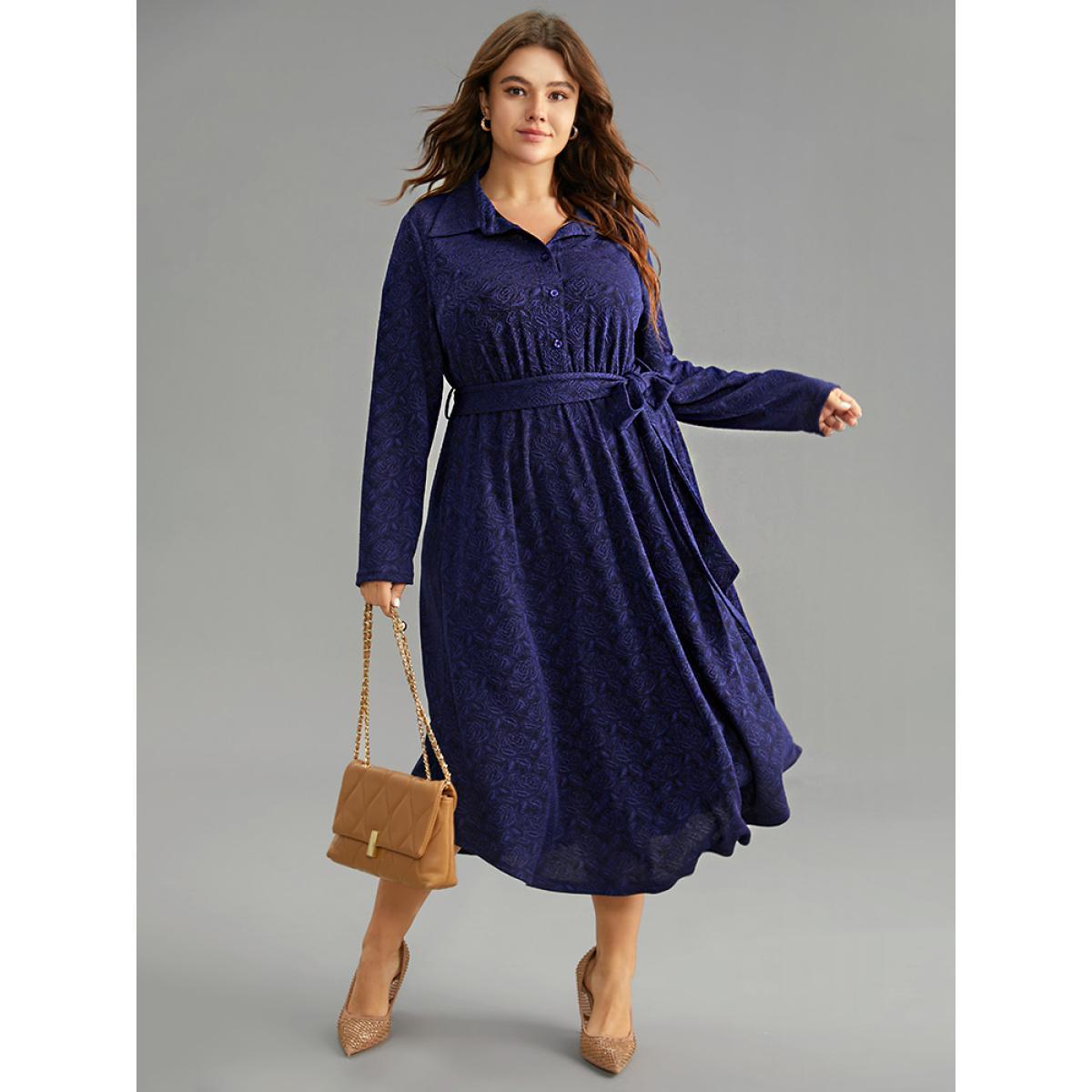 Plus Size Graphic Jacquard Shirt Collar Belted Dress Indigo Women Office Texture Shirt collar Long Sleeve Curvy Midi Dress BloomChic 22-24/3X Product Image