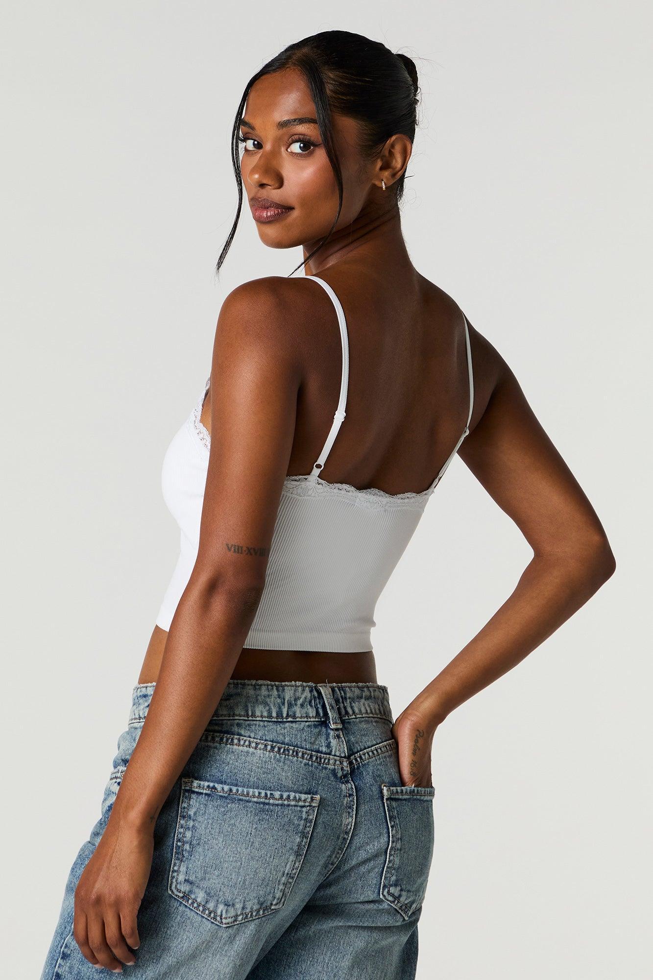 Seamless Ribbed Lace Trim Cami with Built-In Bra Cups Female Product Image