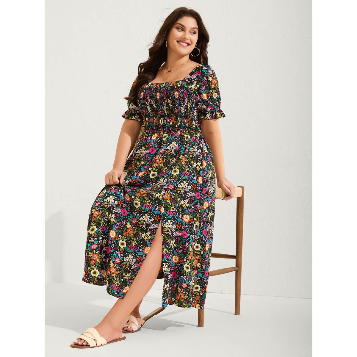 Plus Size Shirred Stretchy Waist Floral Midi Dress BlackFlower Women Square Neck Short sleeve Curvy BloomChic 12/L Product Image