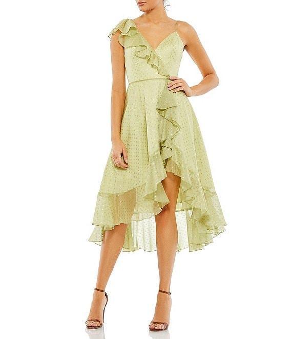 Mac Duggal Vneck Ruffled Faux Wrap Hi Low Midi Dress Product Image