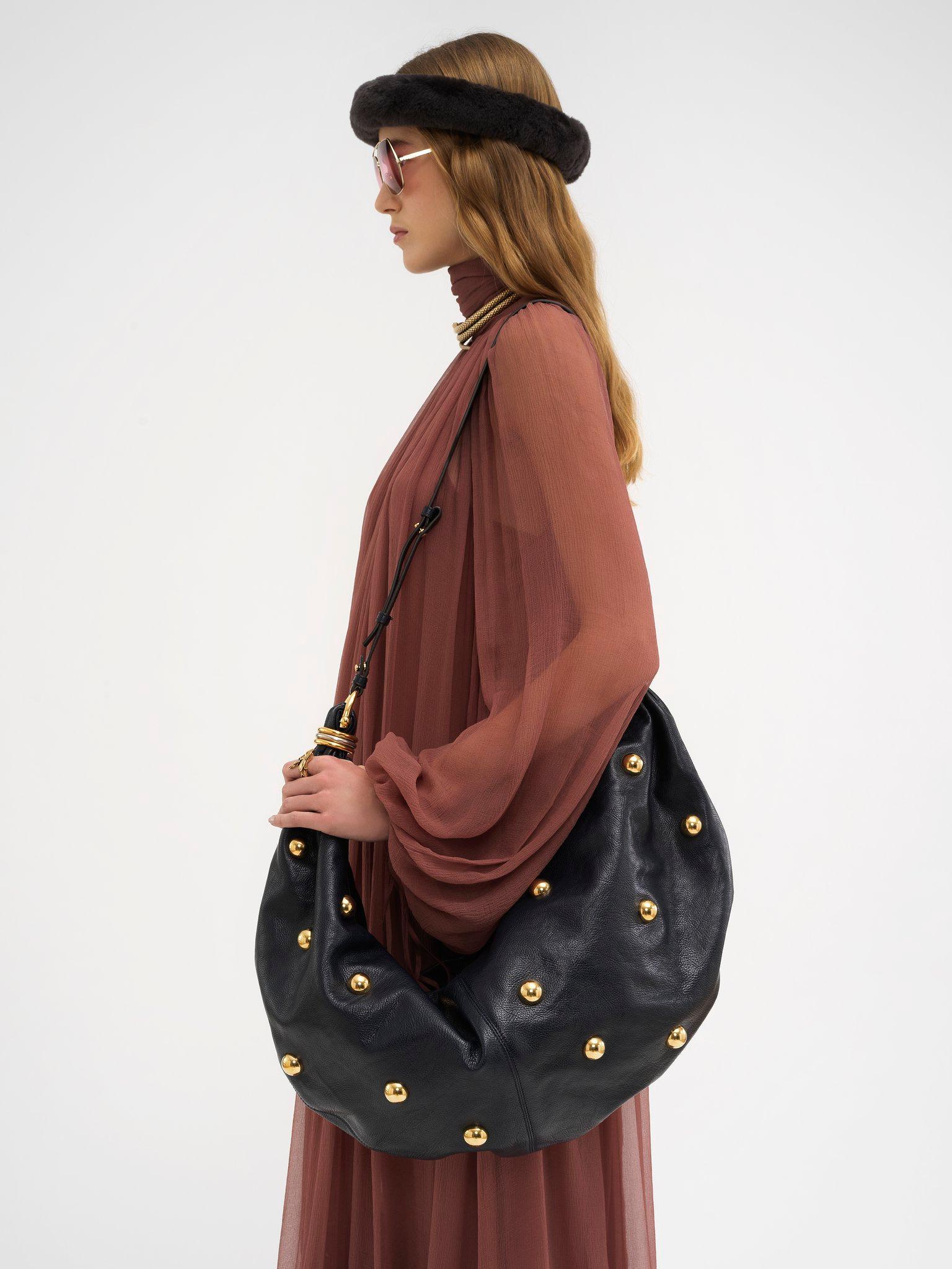 Large Bracelet hobo bag in grained leather with studs Product Image