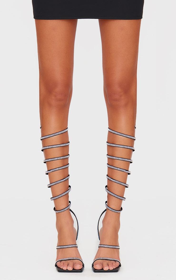 Black PU Square Toe Diamante Spiral Mid Stiletto Heeled Sandals Product Image