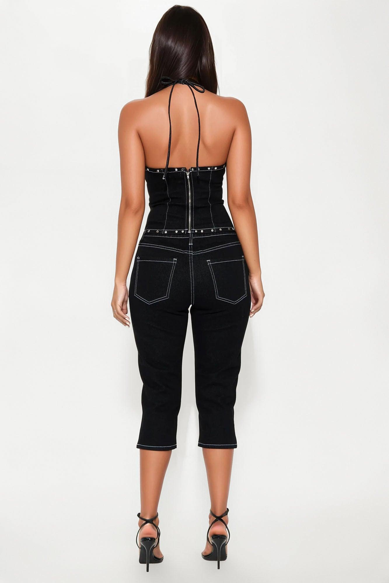 After Dark Lace Up Corset Capri Pant Set  - Black Product Image