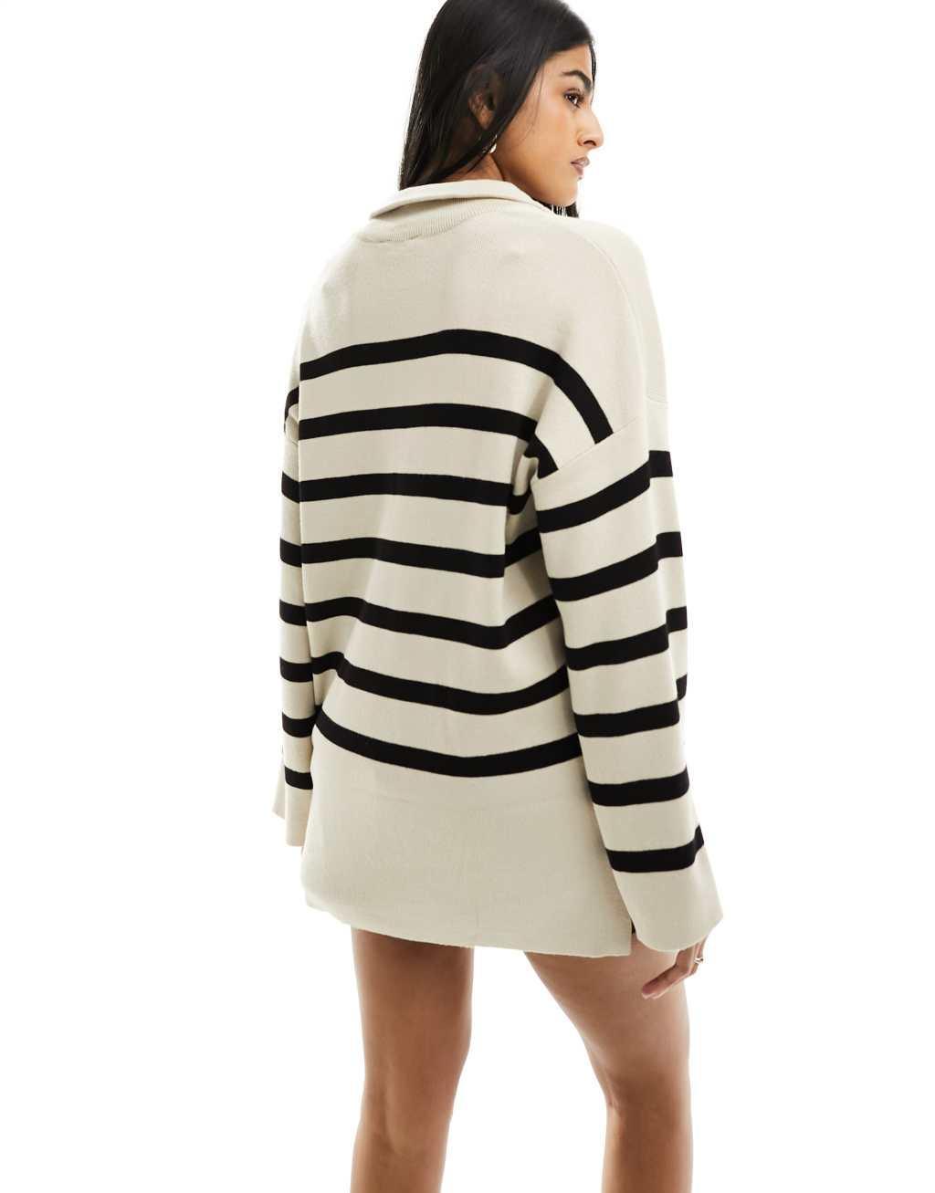 Object knitted zip neck sweater in cream mono stripe Product Image