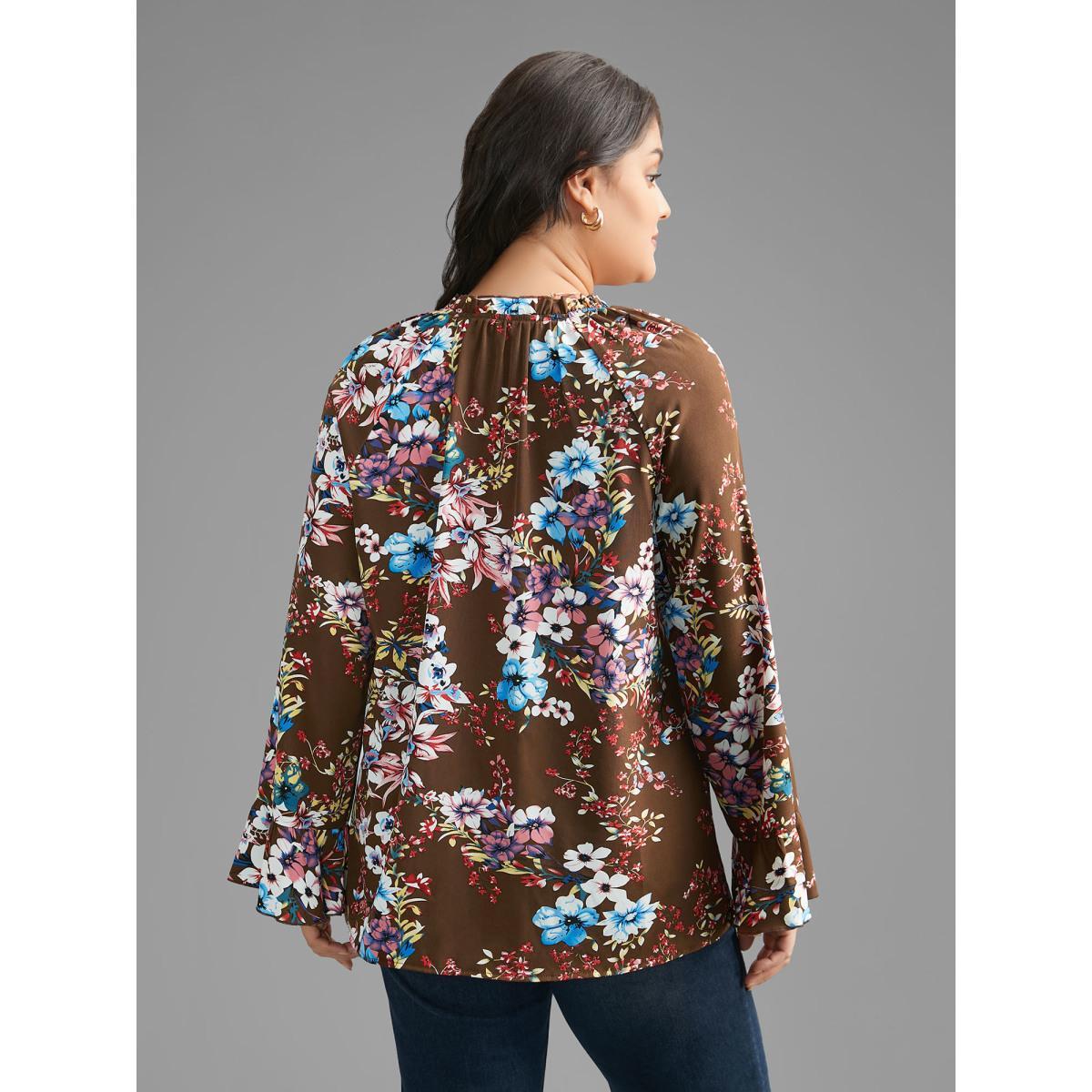 Plus Size Browncoffeecolor Floral Tie Knot Flutter Sleeve Blouse Women Elegant Long Sleeve V-neck Everyday Blouses BloomChic 26/4X Product Image