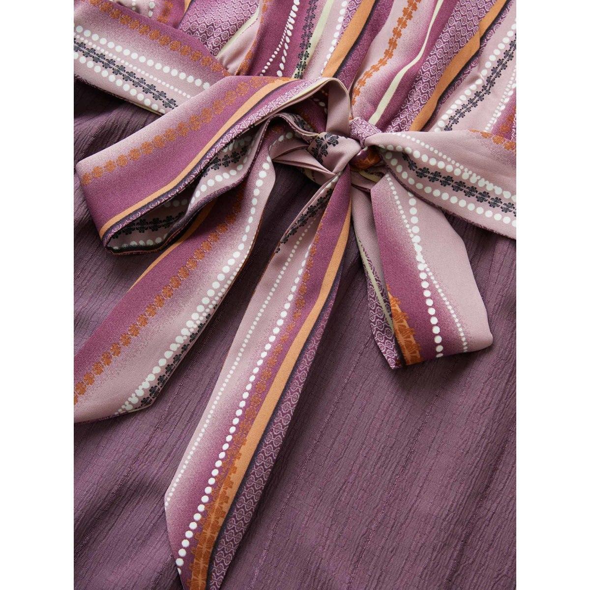 Plus Size Striped Patchwork Overlap Collar Ties Dress Mauve Women Resort Non Overlap Collar Short sleeve Curvy Midi Dress BloomChic 30/6X Product Image