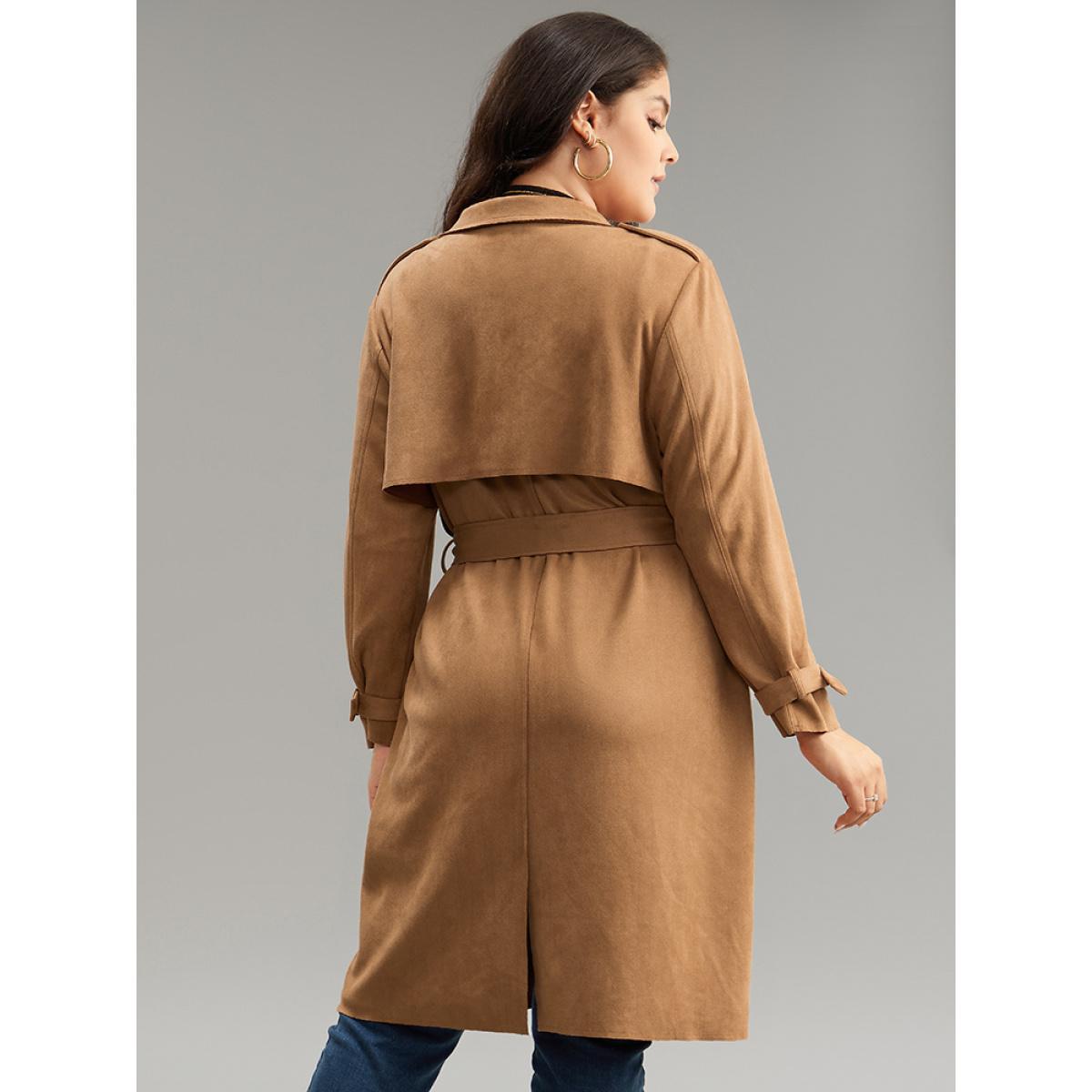 Plus Size Solid Button Detail Knot Belted Coat Women Chocolate Work From Home Plain Ladies Work Winter Coats BloomChic 10/M Product Image
