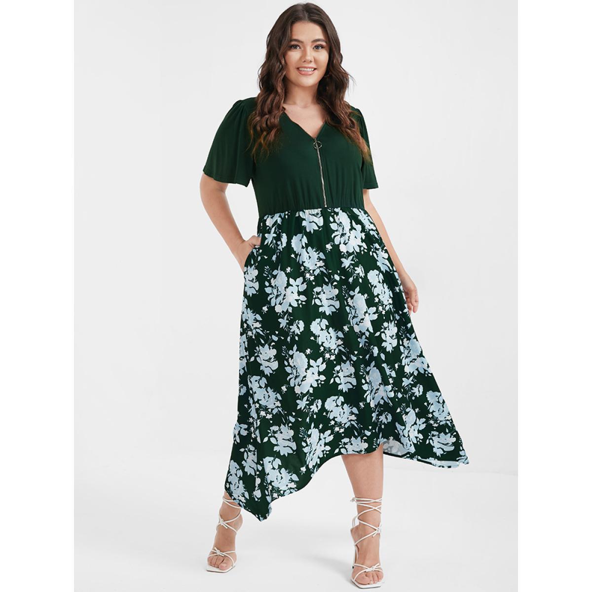 Plus Size Floral Patchwork Zipper Asymmetrical Hem Pocket Midi Dress DarkGreen Women Elegant Patchwork V-neck Short sleeve Curvy Midi Dress BloomChic 14-16/1X Product Image