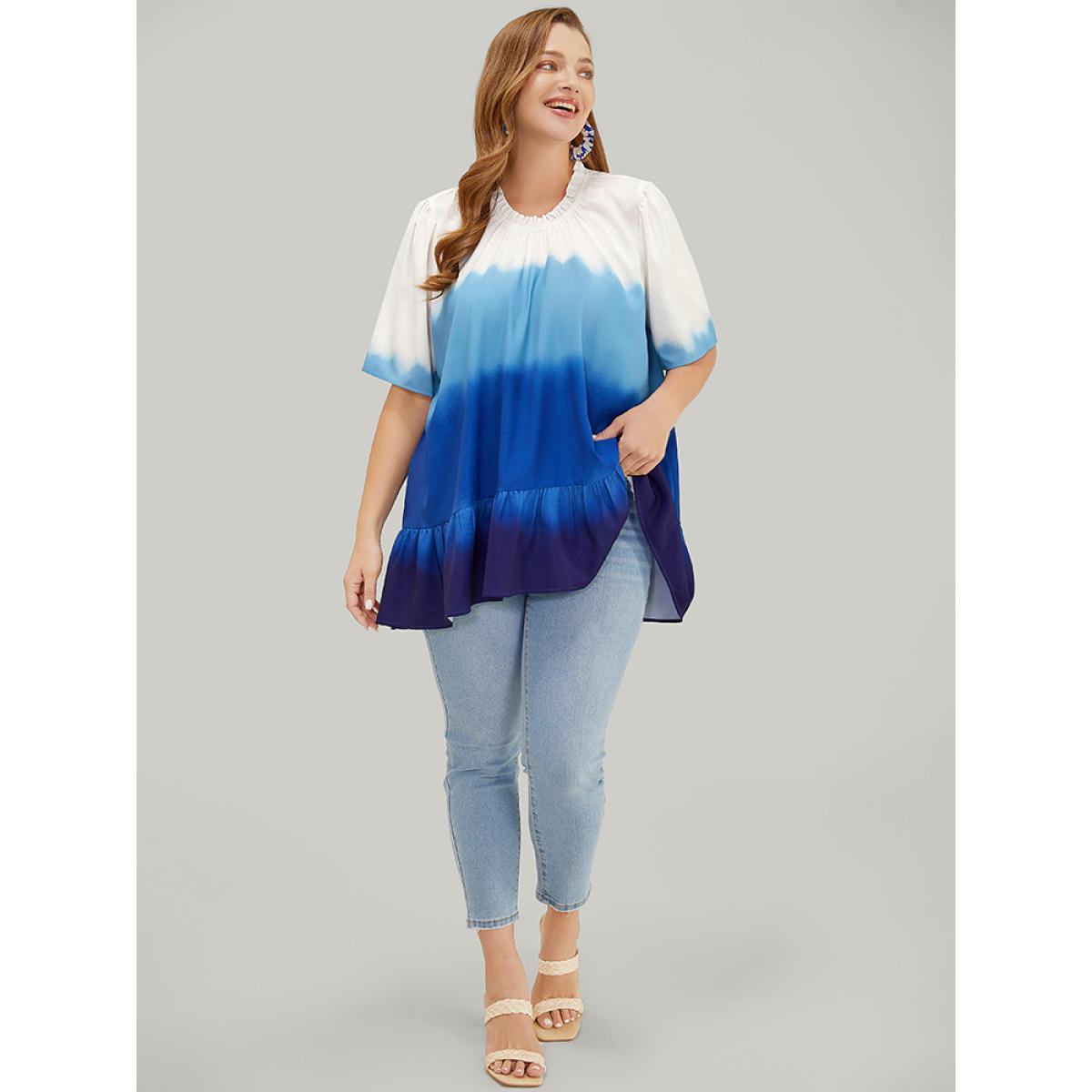 Plus Size Cerulean Tie Dye Frill Trim Mock Neck Ruffle Asymmetrical Hem Blouse Women Vacation Half Sleeve Mock Neck Dailywear Blouses BloomChic 30/6X Product Image
