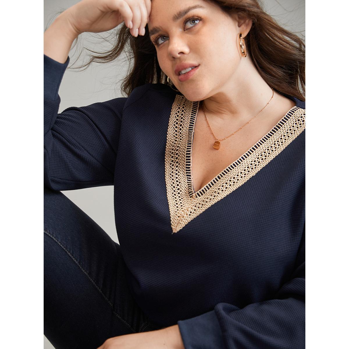 Plus Size Patchwork Lace Panel V Neck Waffle Knit Sweatshirt Women Blue Elegant Rib Knit V-neck Dailywear Sweatshirts BloomChic 30/6X Product Image