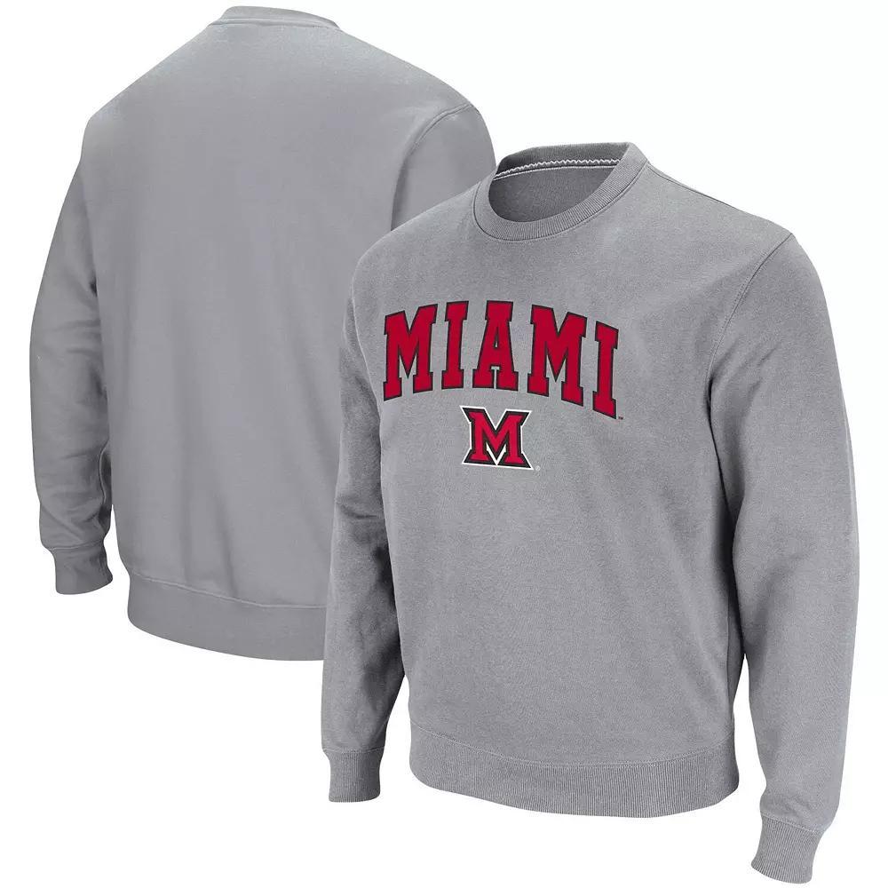 Men's Colosseum Heathered Gray Miami University RedHawks Arch & Logo Tackle Twill Pullover Sweatshirt, Size: 3XL, Moh Grey Product Image