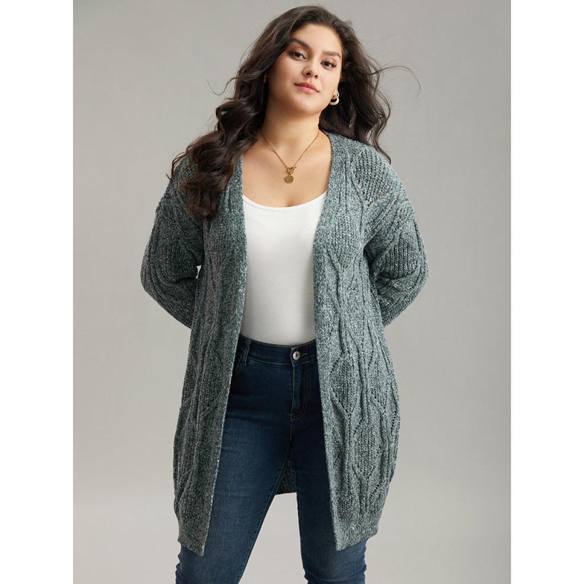Plus Size Plain Cable Knit Drop Shoulder Cardigan DarkGreen Women Casual Loose Long Sleeve Dailywear Cardigans BloomChic 14-16/1X Product Image