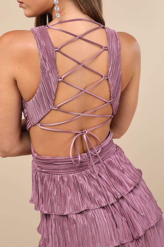 Beauty Icon Dusty Purple Satin Pleated Tiered Lace-Up Maxi Dress Product Image