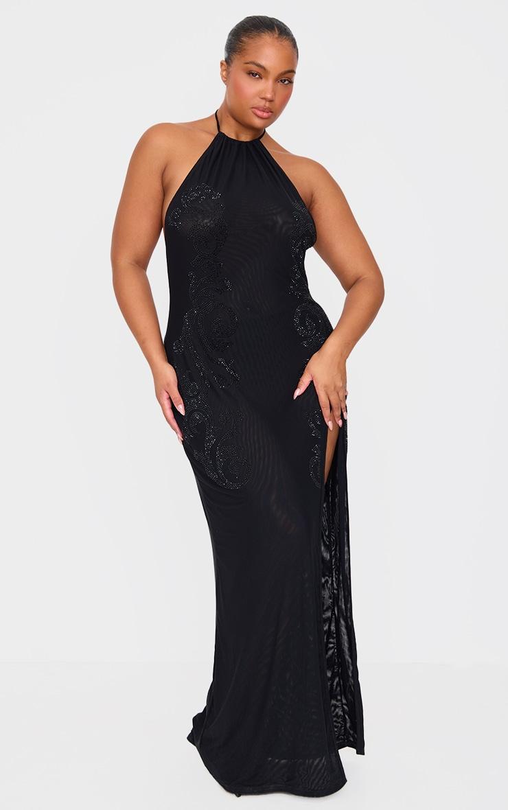 Plus Black Lined Mesh Diamante Detail Split Maxi Dress Product Image