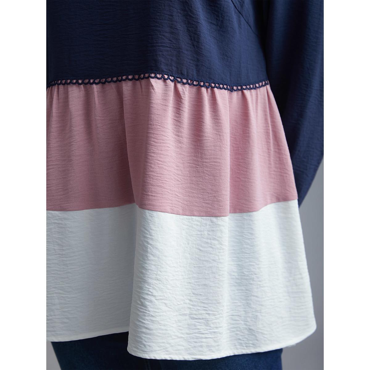 Plus Size Indigo Color Contrast High Low Hem Patchwork Blouse Women Elegant Extra Long Sleeve Round Neck Everyday Blouses BloomChic 28/5X Product Image