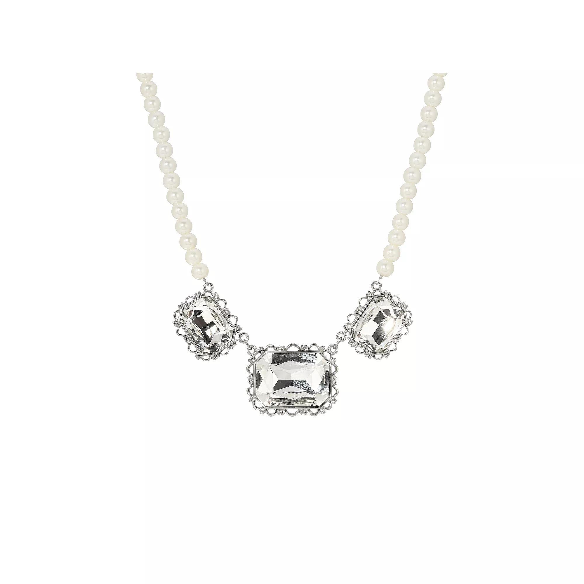 1928 Faux Pearl Faceted Glass Collar Necklace, Womens, White Gold Product Image