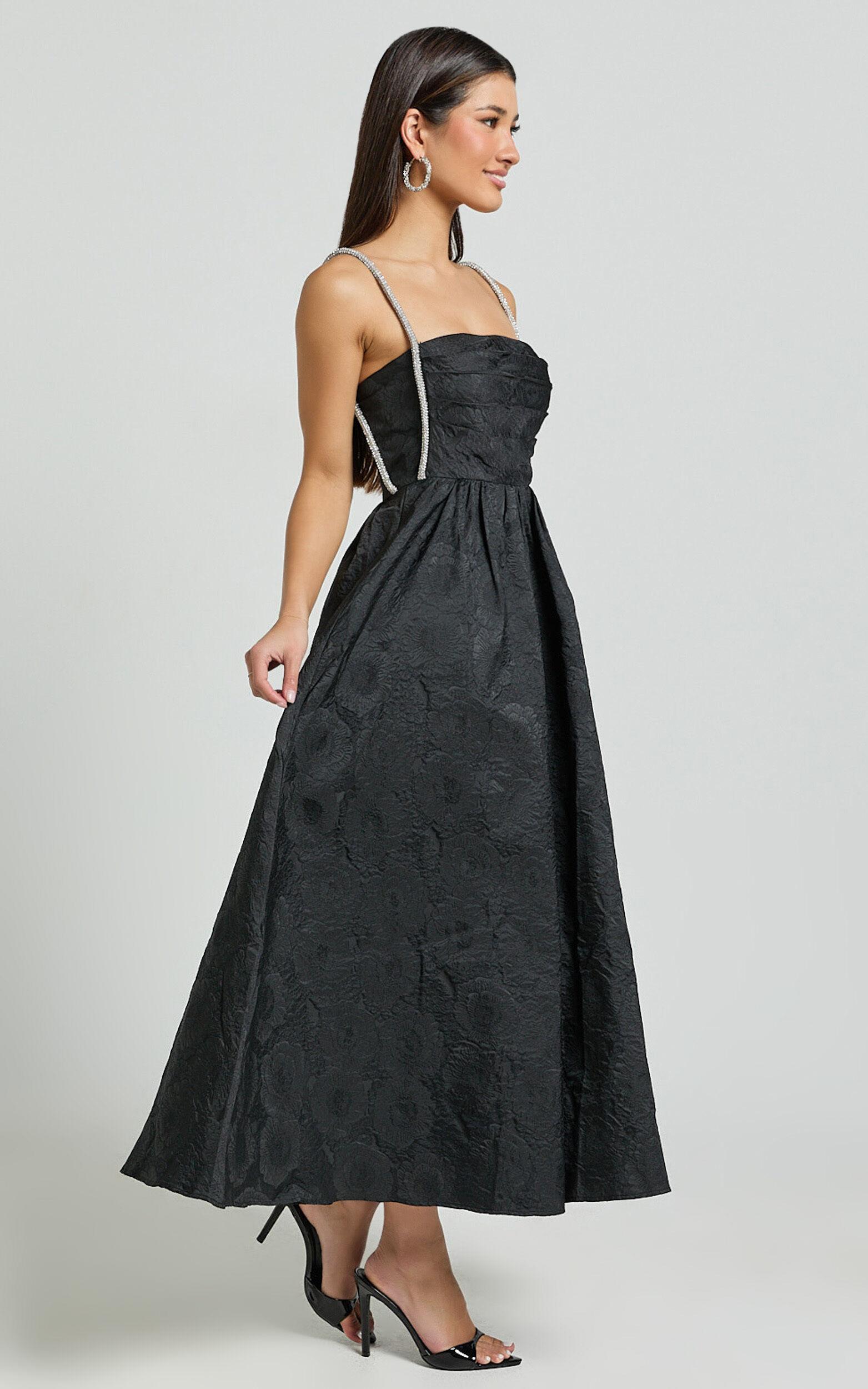 Alvia Midi Dress - Diamante Strap Ruched Straight Neck Dress in Black Product Image