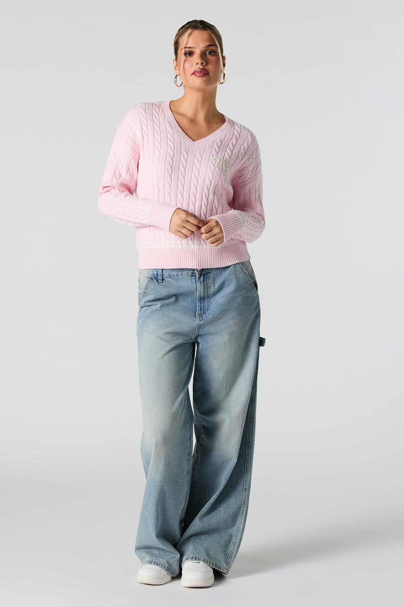Number Embroidered Cable Knit Sweater Female Product Image