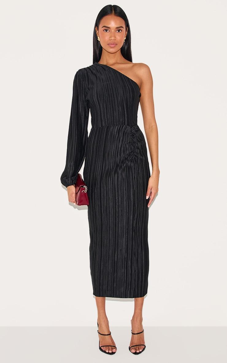 Black Plisse One Shoulder Ruched Midaxi Dress Product Image
