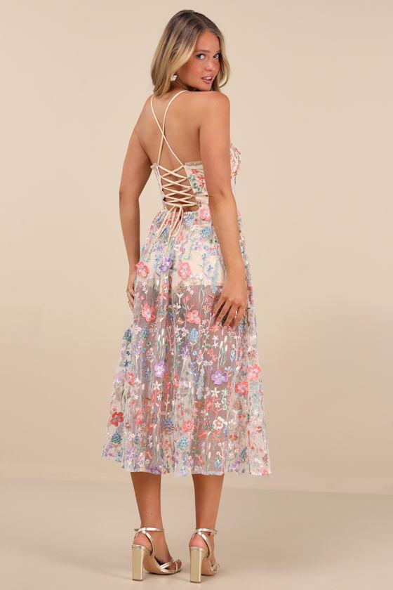 Mahryn Beige 3D Floral Embroidered Midi Bodysuit Dress Product Image