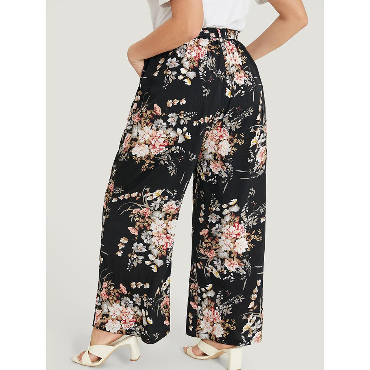 Plus Size Floral Pocket High Rise Wide Leg Belt Pants Women BlackFlower Elegant Loose High Rise Dailywear Pants BloomChic 10/M Product Image