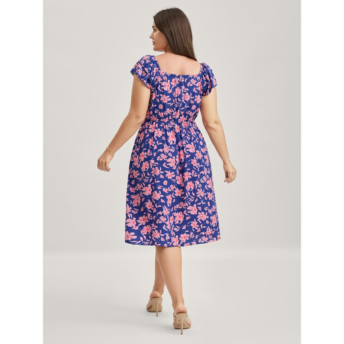 Plus Size Rayon Silhouette Flower Ruffled Sleeve Midi Dress Multicolor Women V-neck Cap Sleeve Curvy BloomChic 10/M Product Image