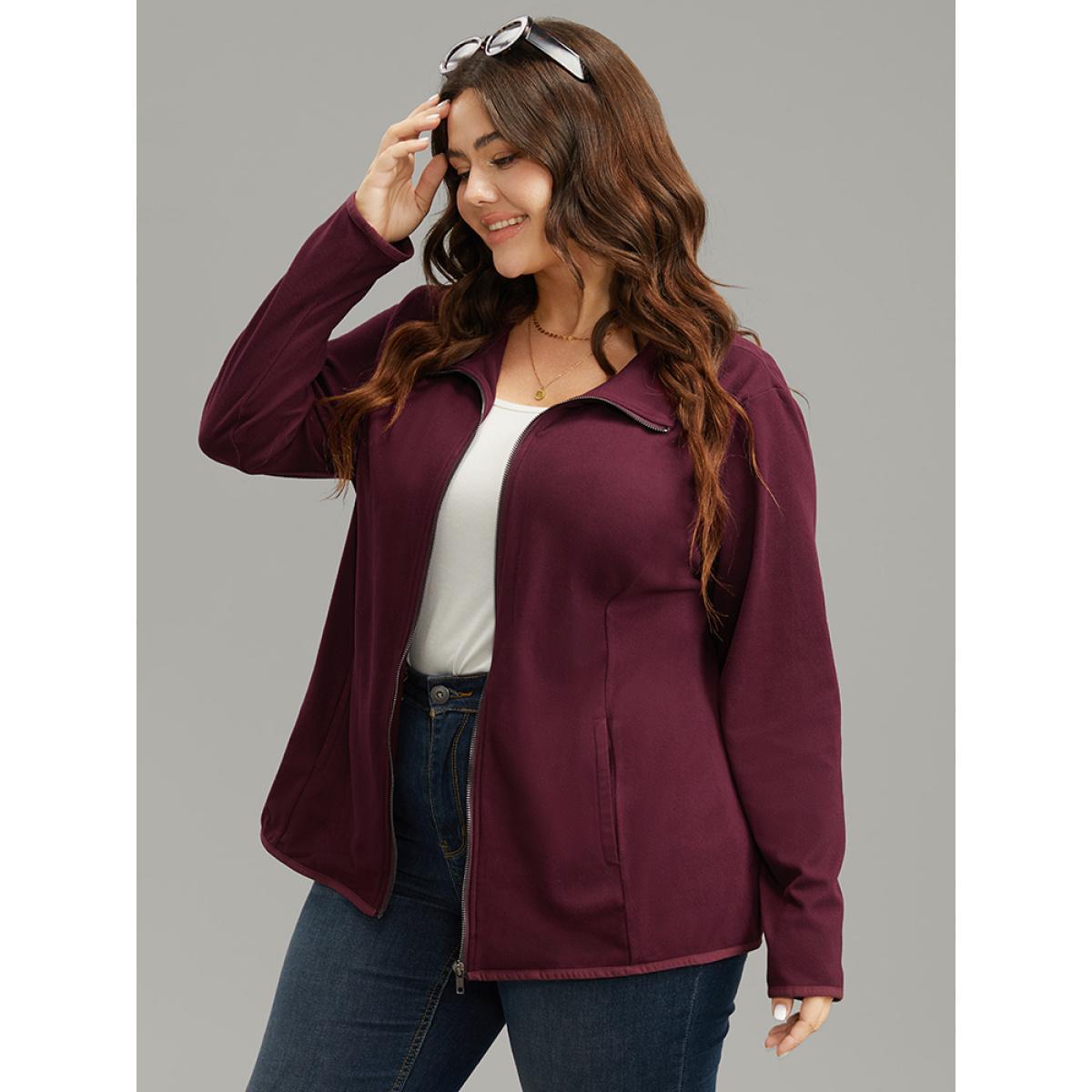 Plus Size Plain Zipper Fly Lapel Collar Jacket Women Burgundy Plain Pocket Dailywear Jackets BloomChic 28/5X Product Image
