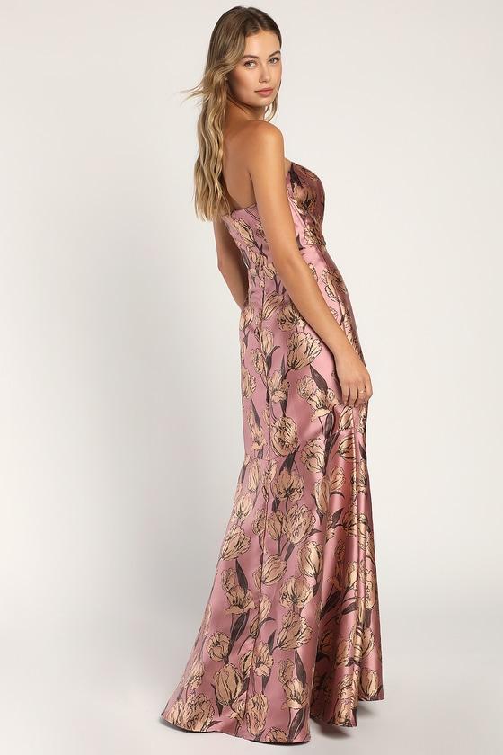 Gowning Around Mauve Floral Jacquard Strapless Maxi Dress Product Image