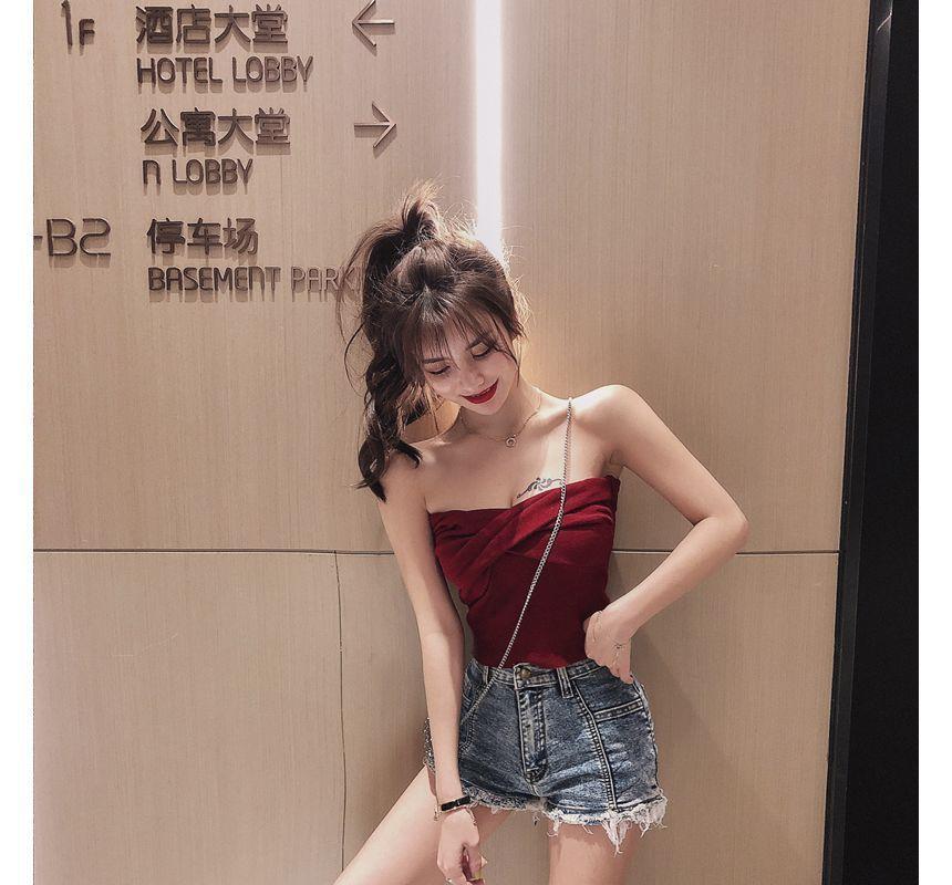 Strapless Plain Crop Knit Top Product Image