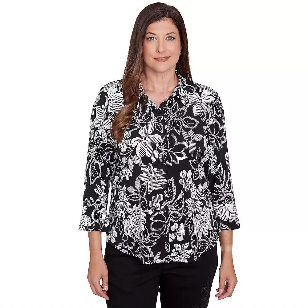 Women's Alfred Dunner Floral Puff Print Button Down Top, Size: Small, Black And White Product Image