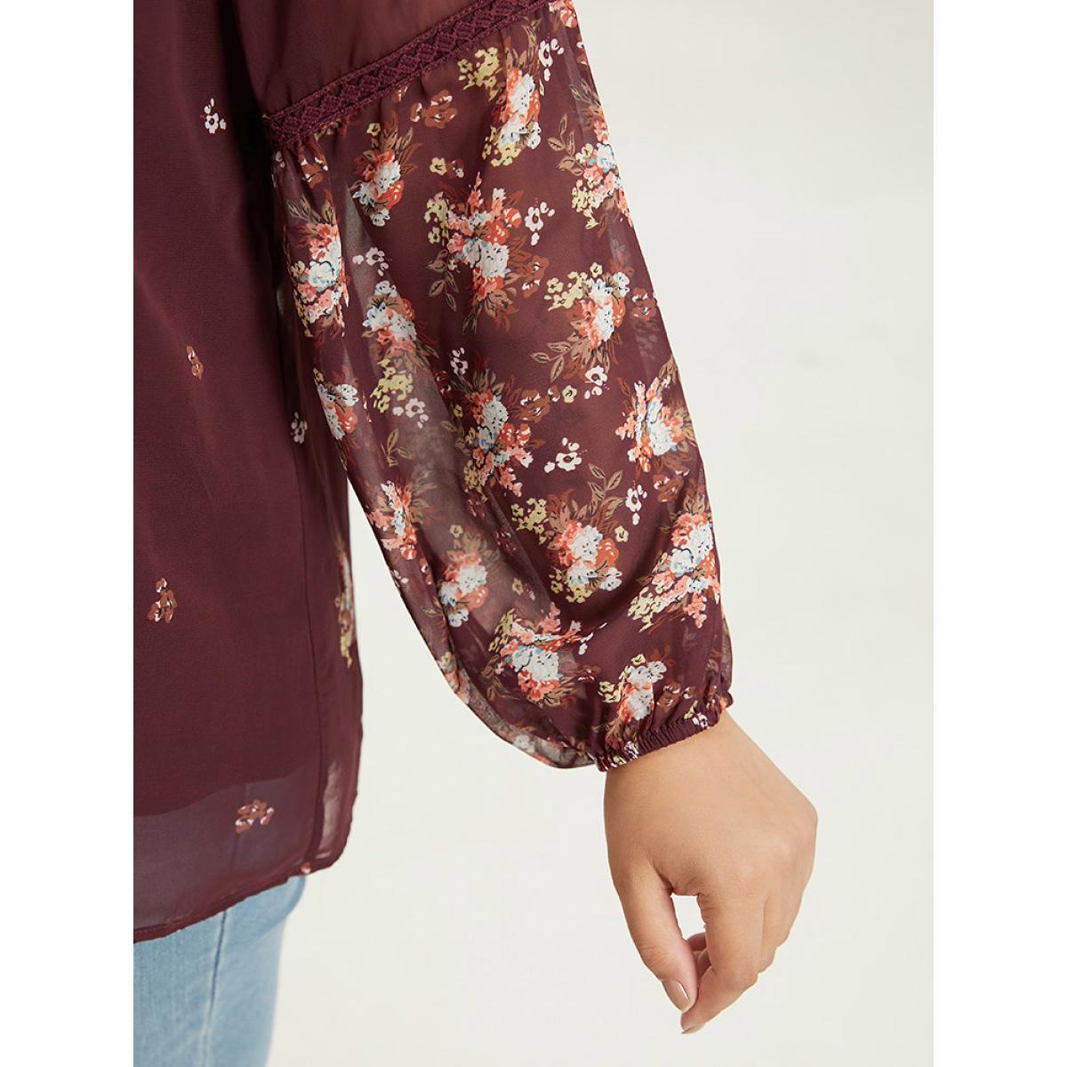 Plus Size Scarlet Floral Print Mesh Lace Patchwork Lantern Sleeve Blouse Women Elegant Long Sleeve V-neck Dailywear Blouses BloomChic 30/6X Product Image