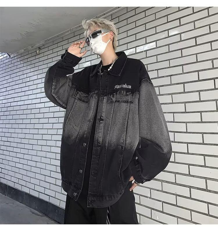 Collared Gradient Washed Button-Up Denim Jacket Product Image