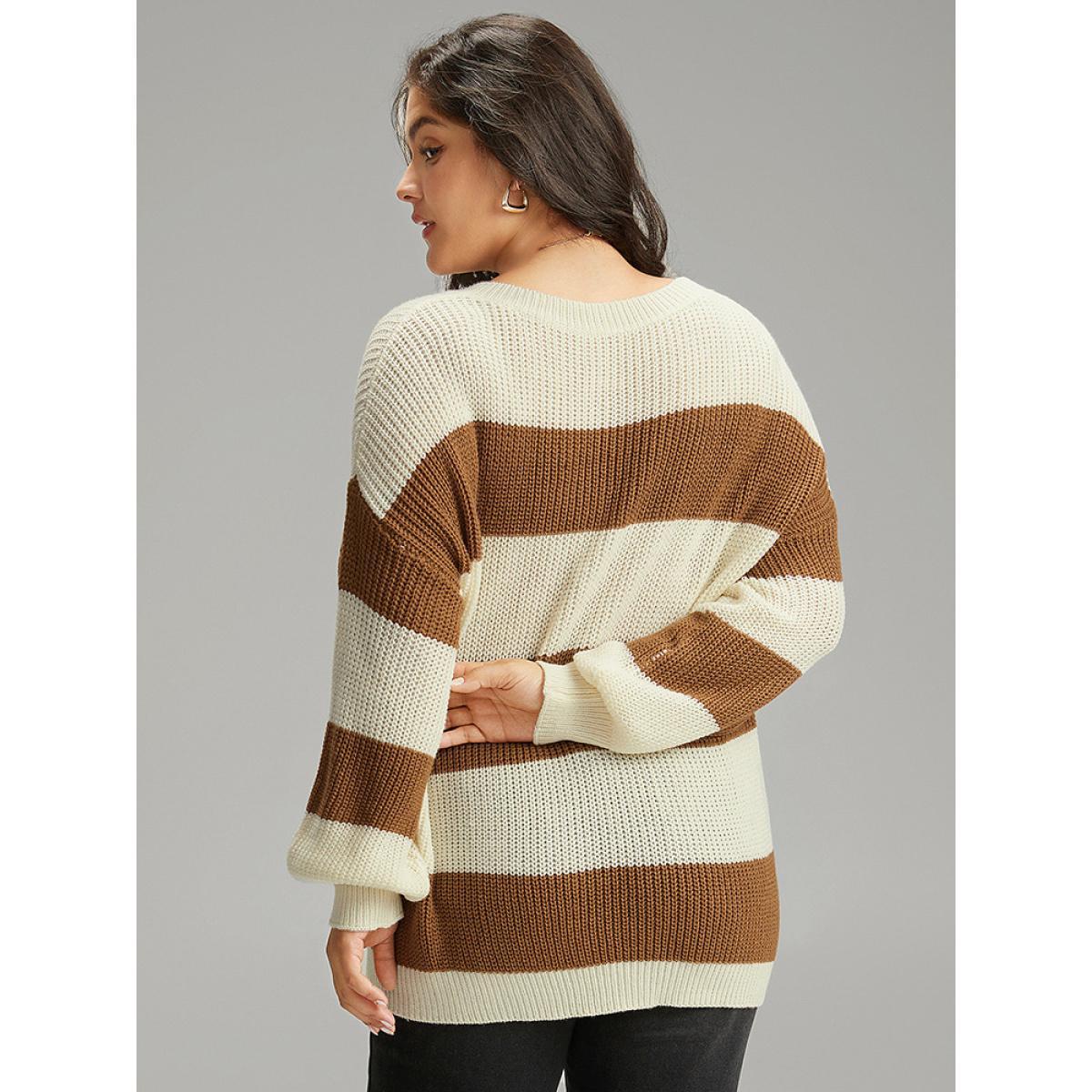 Plus Size Colorblock Lantern Sleeve Loose Pullover Bronze Women Casual Loose Long Sleeve V-neck Dailywear Pullovers BloomChic 18-20/2X Product Image
