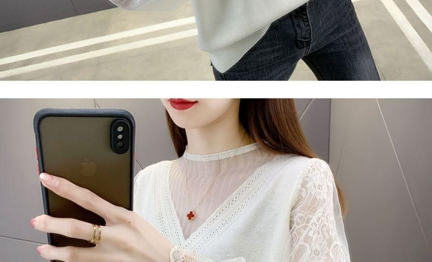 Long-Sleeve Round Neck Lace Panel Knit Top Product Image