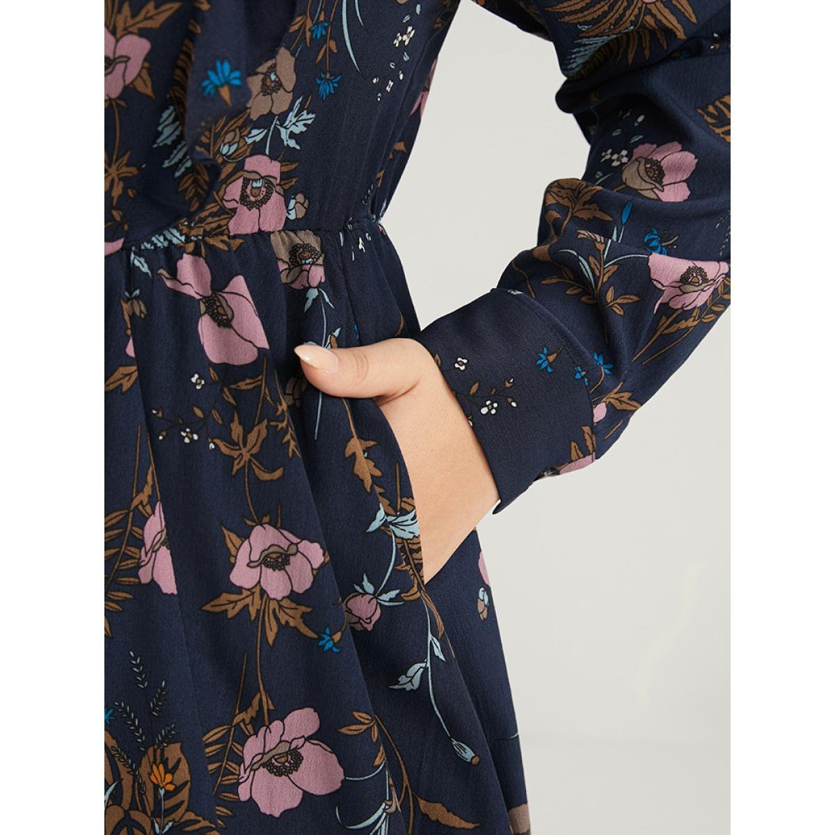 Plus Size Floral Pocket Knotted Neck Ruffle Trim Split Dress DarkBlue Women Elegant Knotted Tie Neck Long Sleeve Curvy Midi Dress BloomChic 10/M Product Image