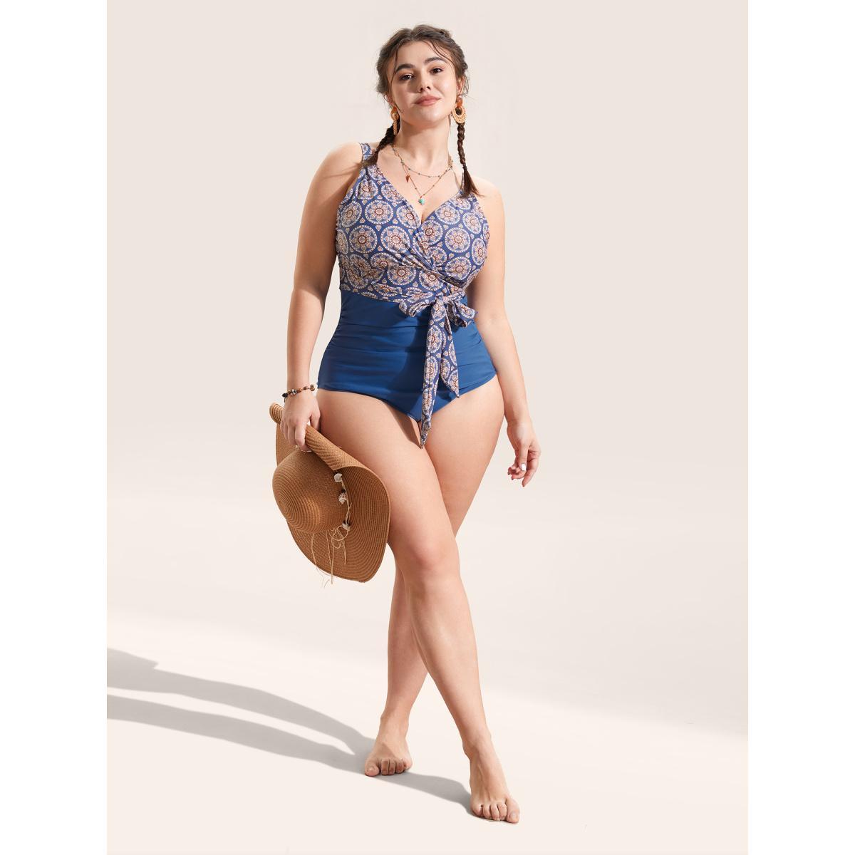 Plus Size Boho Print Overlap Collar Patchwork One Piece Swimsuit Women's Swimwear Indigo Beach Gathered Curve Bathing Suits High stretch One Pieces BloomChic 22-24/3X Product Image