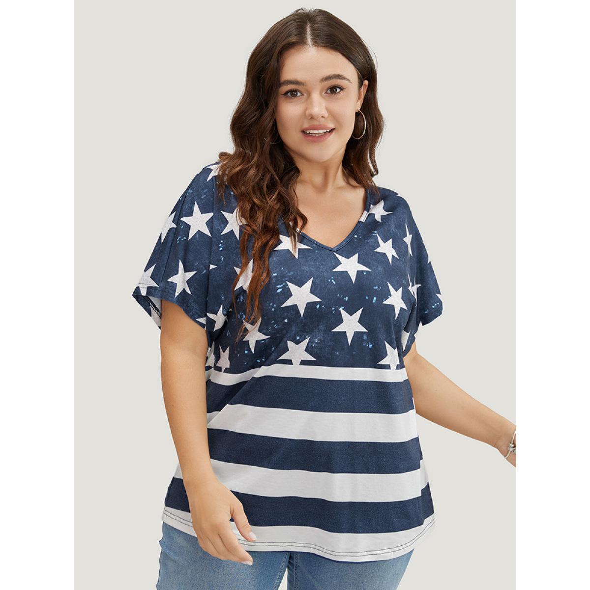 Plus Size Star & Striped Print Batwing Sleeve T-shirt Indigo Women Casual Moon and Star V-neck Everyday T-shirts BloomChic 26/4X Product Image