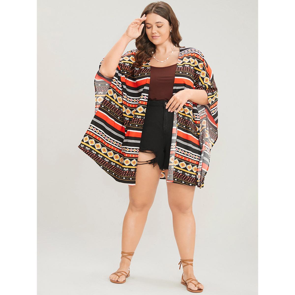 Plus Size Bandana Dolman Sleeve Open Front Cover Up Women Multicolor Vacation Loose Dailywear Kimonos BloomChic 12/L Product Image