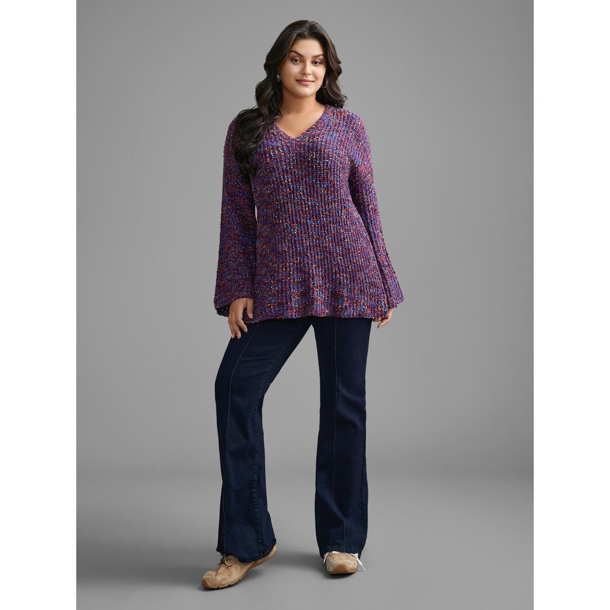 Plus Size Round Neck Heather Bell Sleeve Pullover Deeppurple Women Elegant Loose Long Sleeve V-neck Everyday Pullovers BloomChic 22-24/3X Product Image